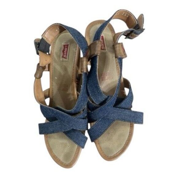 Levi’s Heels Women Size 8 Slingback Platform Blue Canvas Wedge Bohemian Open Toe - Picture 9 of 13